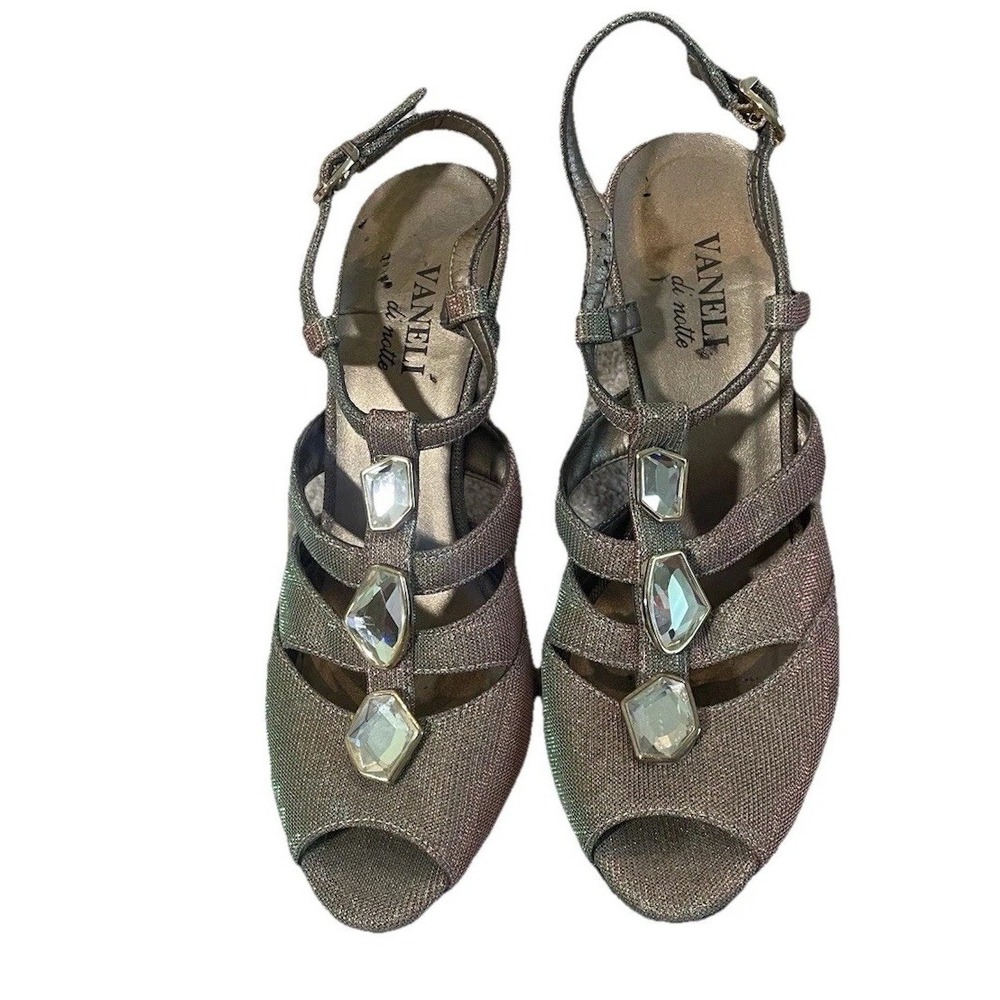 Vaneli Women Shoe Sz 8.5 N Metallic Iridescent Gold Ruby Green Rhinestone TStrap
